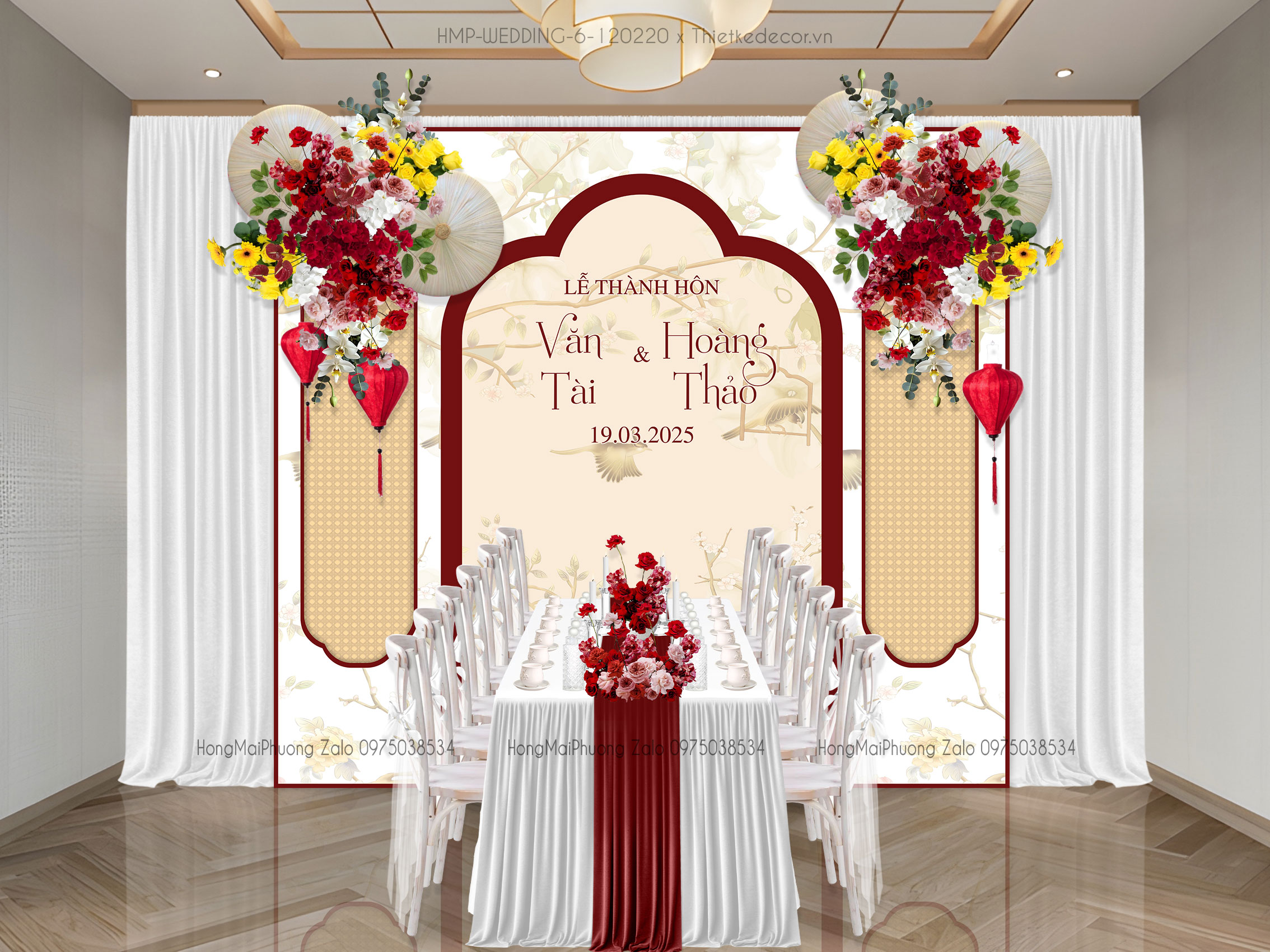 Gia tiên tone kem mix đỏ họa tiết chim cành